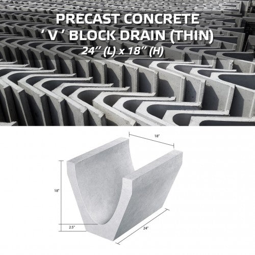 Precast Concrete V Block Drain 18'' (W) x 18'' (H) x 24'' (L) x 2.5'' (T) - Thin